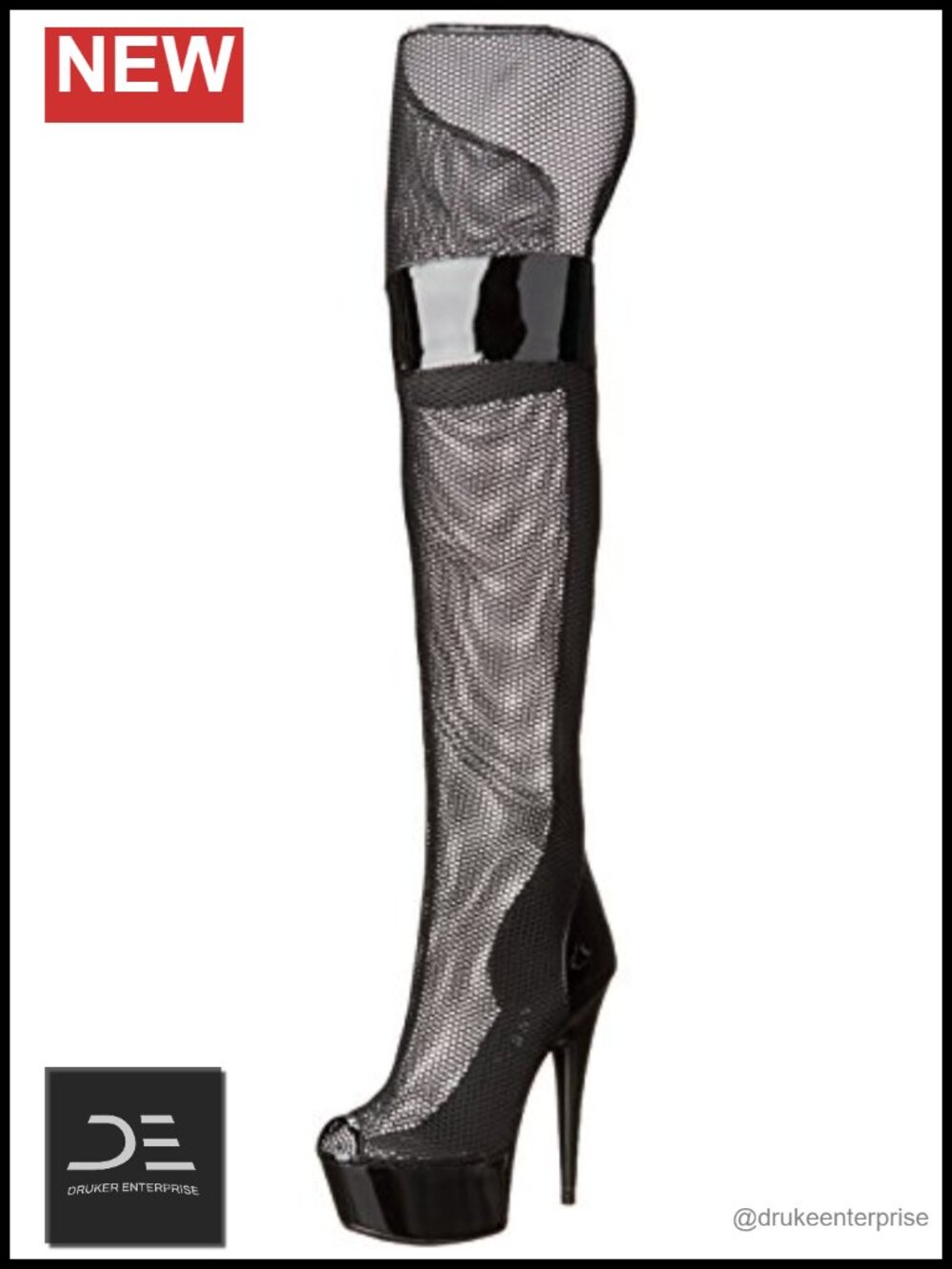Fishnet Thigh-High Peep Toe Platform Stiletto Boots with Glitter